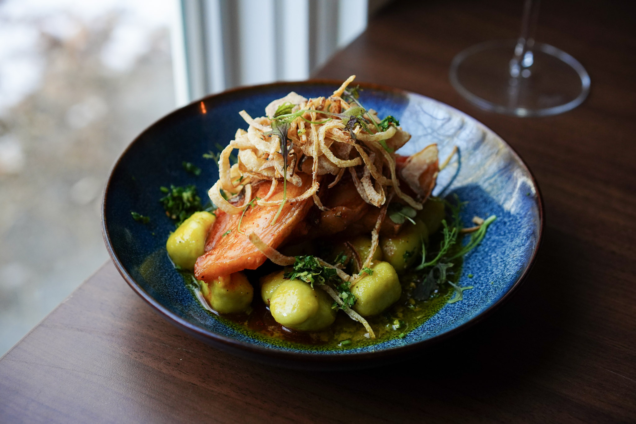 Pan-seared salmon with gnocchi