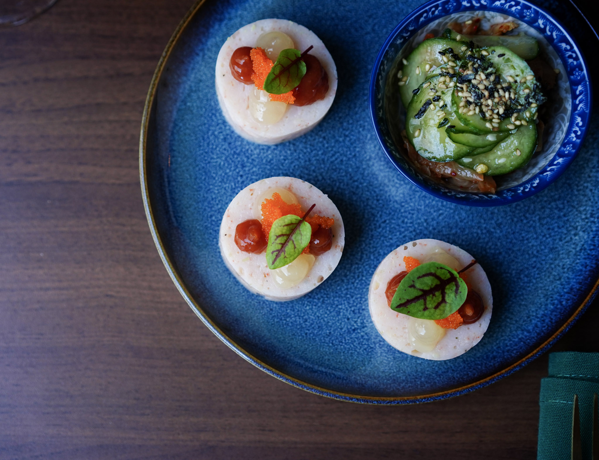 Delicate appetizers with tobiko and microgreens